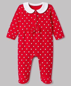 Babyhug 100% Cotton Knit Full Sleeves Sleep Suit with Polka Dots Print & Bow Applique - Red