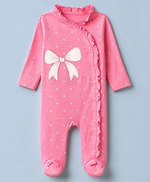 Babyhug Cotton Knit Full Sleeves Sleep Suit Night Wear with Frill Details, Bow Patch & Polka Dots Print - Pink
