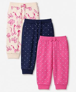 Babyhug Cotton Knit Jogger Fit Full Length Lounge Pant with Bow Print Pack of 3 - Blue Pink Light Pink