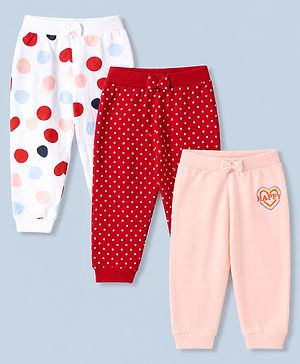 Babyhug 100% Cotton Single Jersey Knit Jogger Fit Full Length Lounge Pant With Polka Dots Print Pack of 3 - Red Pink White
