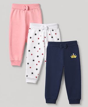 Babyhug Cotton Single Jersey Knit Full Length Ribbed Lounge Pants with Star & Crown Print in Pink White & Navy Blue Pack of 3