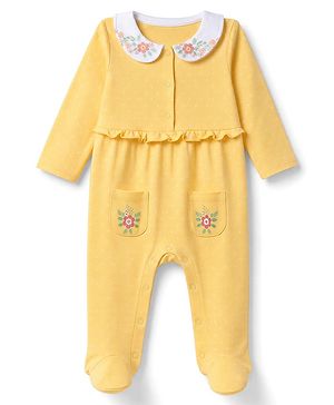 Babyhug 100% Cotton Knit Full Sleeves Sleep Suit with Floral Embroidery - Yellow