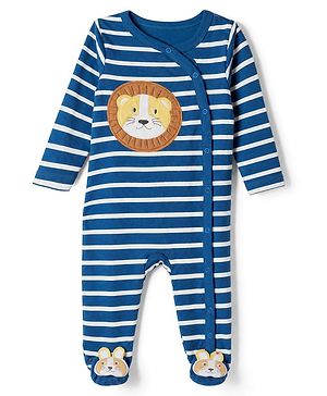 Babyhug Cotton Knit Full Sleeves Sleep Suit Nightwear with Striped & Lion Patch in Navy Blue