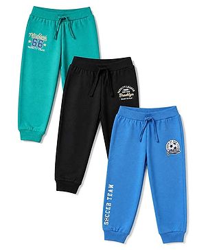 Babyhug 100% Cotton Single Jersey Knit Full Length Track Pants in Green Blue & Black Pack of 3