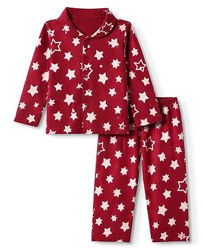 Babyhug Cotton Knit Full Sleeves Front open Co-ord Shirt & Pyjama Night Suit with Star Print in Red