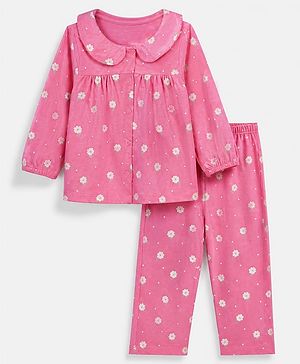 Babyhug 100% Cotton Knit Full Sleeves Co-Ords Top & Pyjama Night Suit with Floral Print -Dark Pink