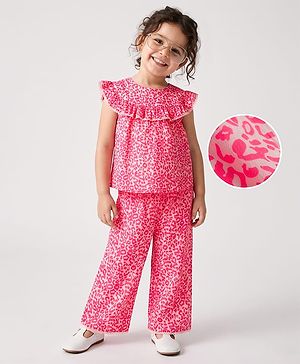 Babyhug Cotton Woven Sleeveless Printed Co-Ords Top & Palazzo Set - Neon Pink