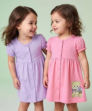 Babyhug 100% Cotton Single Jersey Knit Half Sleeves Frocks with Bow and Bear Print Pack of 2 - Pink & Lilac