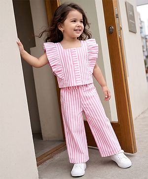 Babyhug Cotton Woven Frill Sleeves Co-Ords Top & Culottes Set with Stripes - Pink