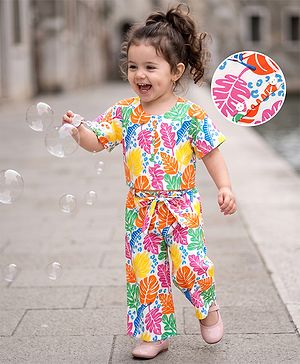 Babyhug Cotton Woven Half Sleeves Co-Ords Top & Culottes Set with Leafy Print & Belt - White