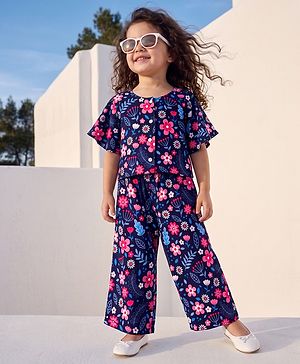 Babyhug Cotton Woven Half Sleeves Co-Ords Top & Palazzo Set with Floral Print - Navy Blue
