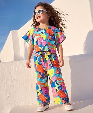 Babyhug Cotton Woven Half Sleeves Co-Ords Top & Palazzo Set with Tropical Print -  Blue