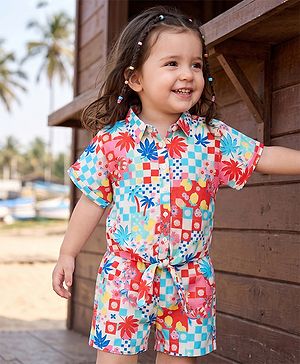 Babyhug Cotton Woven Half Sleeves Floral Printed Shirt Style Co-Ord Top & Shorts Set - White