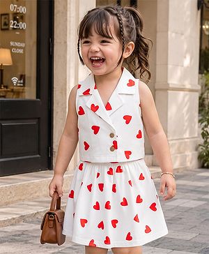 Babyhug Cotton Woven Sleeveless Co-Ords Top & Skirts Set with Hearts Print - White