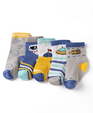 Cute Walk By Babyhug Anti-Bacterial Ankle Length Socks With Astronaut Print Pack of 5  - Grey, Blue & Yellow