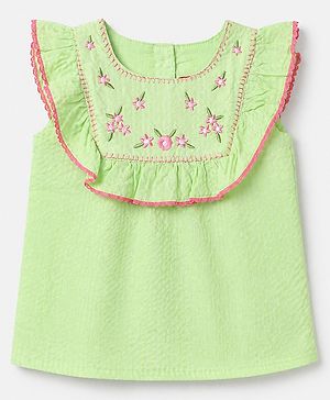 Babyhug 100% Cotton Woven Top with Half Sleeves and Floral Embroidery - Light Green