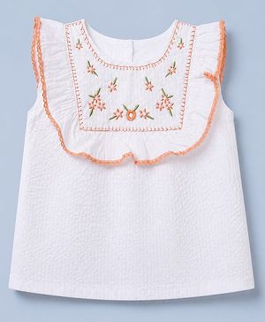 Babyhug Cotton Woven Half Sleeves Schiffli Top with Floral Embroidery - White