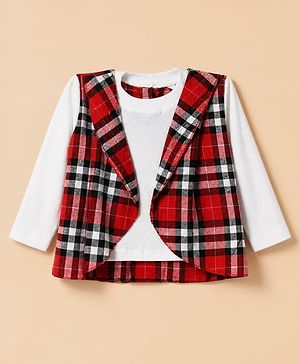 Babyhug 100% Cotton Lurex Woven Top with Full Sleeves and Checked Shrug - Red