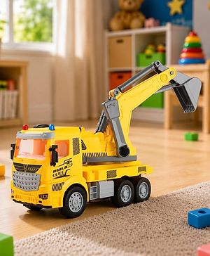 Babyhug Friction Powered Excavator Truck for Kids - Yellow| Realistic Construction Design| Movable Excavator Arm| Push & Go Play| Durable Build| Toy for 3 Years+| BIS Certified | Gifting Option