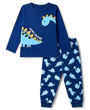 Babyhug 100% Cotton Knit Full Sleeves T-Shirt & Pyjama Night Suit with Dinosaur Print - Navy Blue