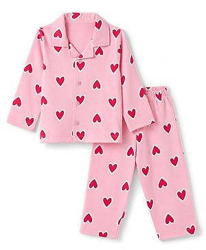 Babyhug Cotton Knit Full Sleeves Co-Ords Front Open Shirt & Pyjama Night Suit with Heart Print - Pink