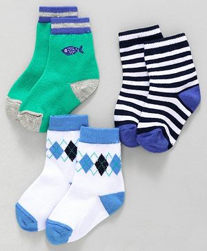Cute Walk by Babyhug Ankle Length Socks Fish & Diamond Design Pack of 3 - Green White Black