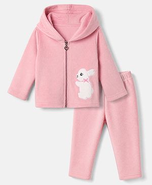 Babyhug Fur Woven Full Sleeves Hooded Winter Wear Suit With Rabbit Patch - Pink