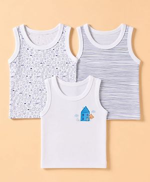 Babyhug 100% Cotton Knit Striped Sleeveless Vests With Geometric Print Pack of 3 -White