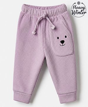 Babyhug Knit Full Length Fleece and Woollen Bottomwear with Bear Embroidery - Lilac