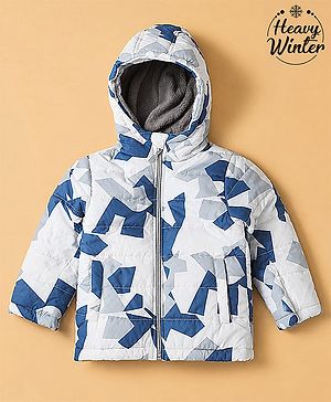Babyhug Woven Full Sleeves Printed Hooded Padded Winter Jacket - Blue