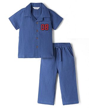 Bonfino 100% Cotton Woven Double Gauze Full Sleeves Shirt & Pants Set With Varsity Print - Navy Blue