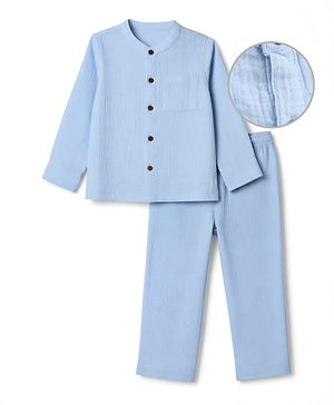Bonfino 100% Cotton Woven Double Gauze Band Collar Drop Shoulder Full Sleeves Shirt & Relaxed fit Pull On Pants - Light Blue