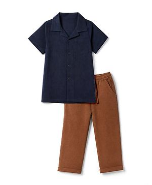 Bonfino 100% Cotton Woven Double Gauze Half Sleeves Shirt & Trouser Set - Navy Blue & Brown