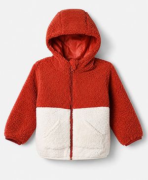 Babyhug Fur Woven Hoodie with Full Sleeves & Colour Block Design in Rust Orange