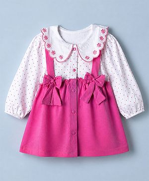Babyhug Single Jersey Knit Frock with Full Sleeves and Polka Dots Print & Floral Embroidered & Bow Applique in Pink