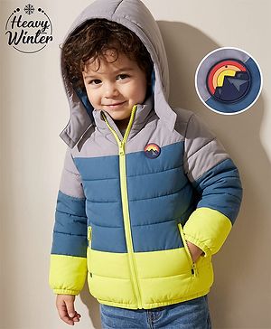 Babyhug Woven Winter Jacket with Full Sleeves and Mountain Patch - Grey