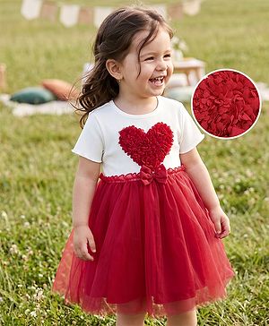 Babyhug Single Jersey Knit Frock with Half Sleeves and Heart Applique in Red