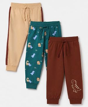 Babyhug Cotton Jersey Knit Full Length Jogger Fit Lounge Pant With Dino Print Pack of 3 in Maroon Beige