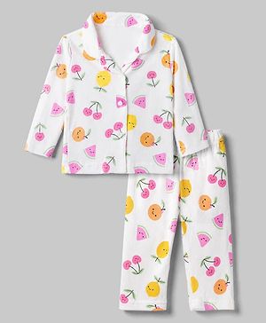 Babyhug Interlock Knit Full Sleeves Front Open Shirt Pyjama Co-Ords Night Suit With Cherry Print- White