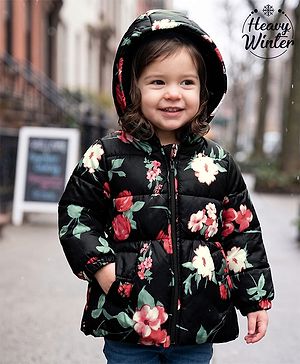 Babyhug Woven Hooded Padded Winter Jacket with Full Sleeves and Floral Print - Black