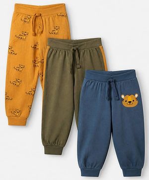 Babyhug Cotton Jersey Knit Full Length Jogger Fit Lounge Pant with Tiger Print Pack of 3 in Yellow Navy Blue