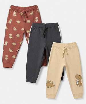 Babyhug Cotton Knit Full Length Joggers Fit Lounge Pant With Bear Print Pack of 3 - Brown Beige Navy Blue
