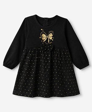 Babyhug Single Jersey Knit Fit and Flare Full Sleeves Dress with Heart and Bow Foil Print - Black