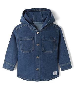 Bonfino Cotton Mix Denim Hooded Full Sleeves Jacket with Let's Play Patch - Light Blue