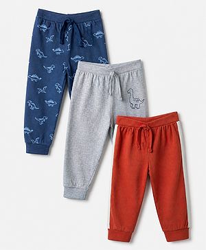 Babyhug Cotton Jersey Knit Full Length Jogger Fit Lounge Pant With Dino Print Pack of 3 - Red Grey Blue