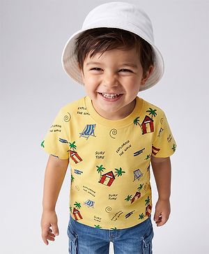 Babyhug Cotton Knit Half Sleeves T-Shirt with Beach Theme Print - Yellow
