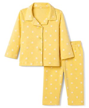 Babyhug Cotton Knit Full Sleeves Front Open Shirt & Pyjama Night Suit with Star Print in Yellow