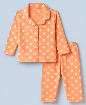 Babyhug Cotton Knit Full Sleeves Front Open Shirt & Pyjama Night Suit with Polka Dots in Orange