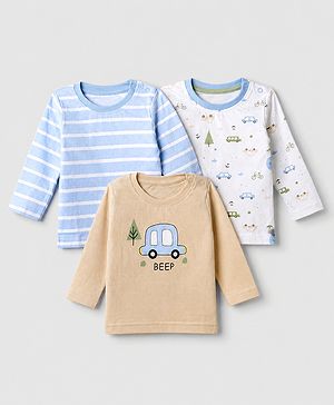 Babyhug Interlock Knit Full Sleeves T-Shirts With Car Print & Stripes Pack Of 3 - Blue White & Peach