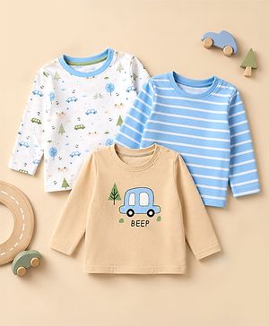 Babyhug 100% Cotton Interlock Knit Full Sleeves Striped T-Shirts with Car Graphic Print Pack of 3 - White Blue Beige